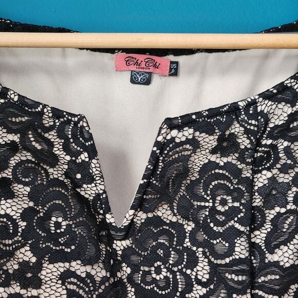 Chi Chi London Women’s Dress 6 Black Cream Floral Lace Fit Flare Retro - Picture 8 of 13